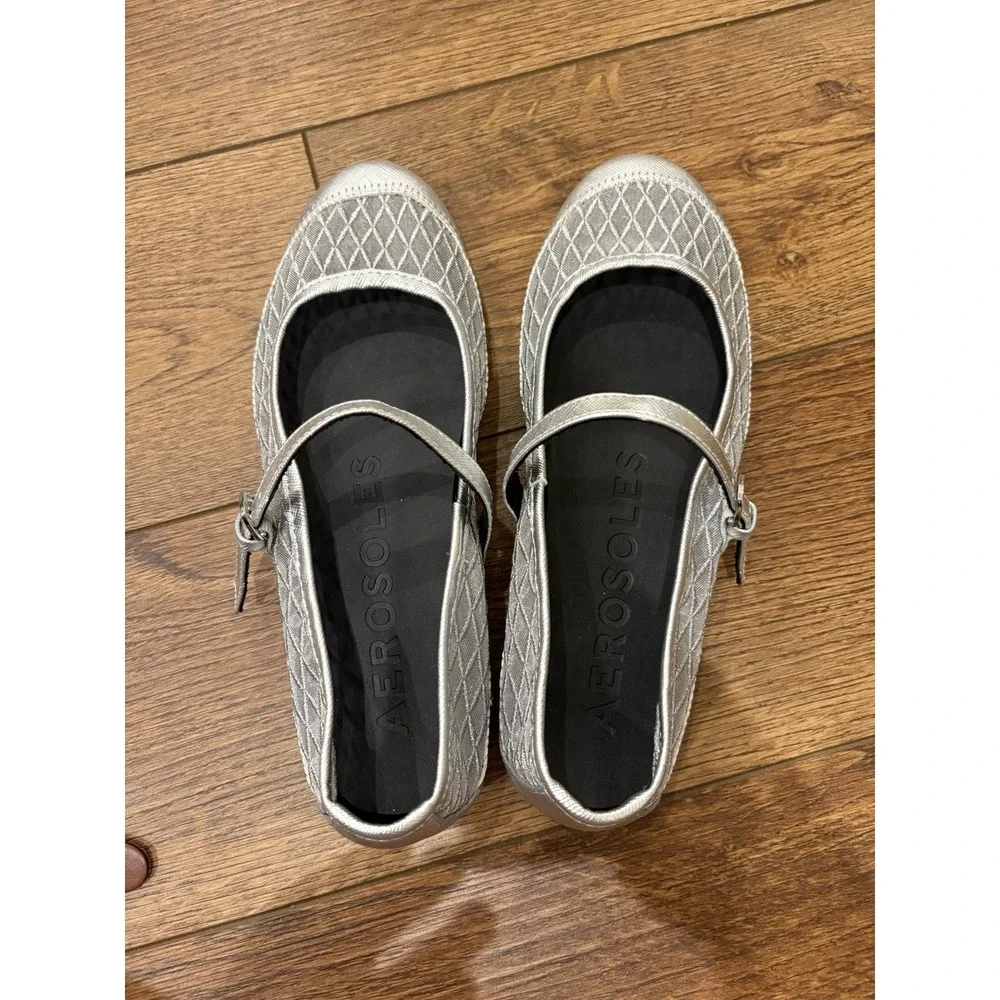Woman's Ballet Flats Aerosoles Baylee Mary Jane Flat Silver Mesh Metallic Shoes